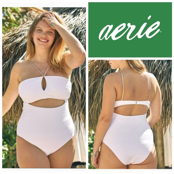 Aerie Jacquard White Keyhole Cutout Bandeau Swimsuit. Size S - Picture 12 of 12